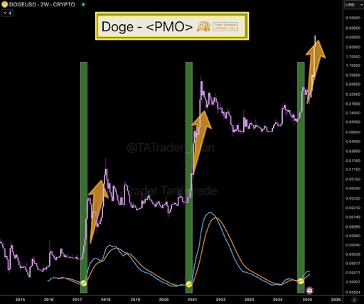 Dogecoin价格动能振荡器于2017年和2021年后再次跃升:第三次跨越